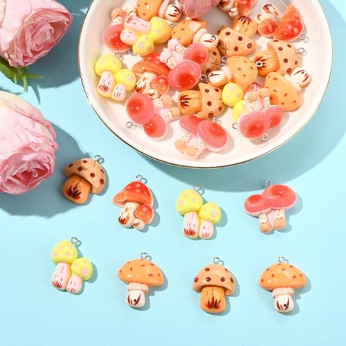 Stiesy 30Pcs Resin Mushroom Charms with Loops, 5 Styles Cute Charms Beads, Mixed Color Mushroom Shape DIY Pendant Ornament for Jewelry Making, DIY Necklace Bracelet Craft Supplies - color: Mushroom-5 Styles-30Pcs
