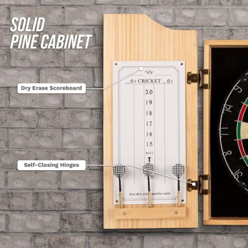 Dart Board Cabinet Set - Natural Pinewood Cabinet with Self-Healing Sisal Dartboard, 6 Steel Tip Darts, Dart Holders, Scoreboard, and Out Chart - Man Cave, Bar or Game Room Decor by Trademark Gameroom