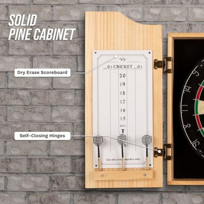 Dart Board Cabinet Set - Natural Pinewood Cabinet with Self-Healing Sisal Dartboard, 6 Steel Tip Darts, Dart Holders, Scoreboard, and Out Chart - Man Cave, Bar or Game Room Decor by Trademark Gameroom