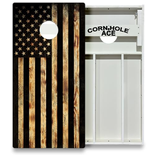 CornholeAce American Flag Series All Weather Pro Cornhole Board Set - Waterproof 4x2 Regulation Size, Made in USA, Triple Wide Legs, 3/4" PVC, Tournament Boards, Rainproof Outdoor Set (2 Boards) - color: Burnt Wood USA Flag