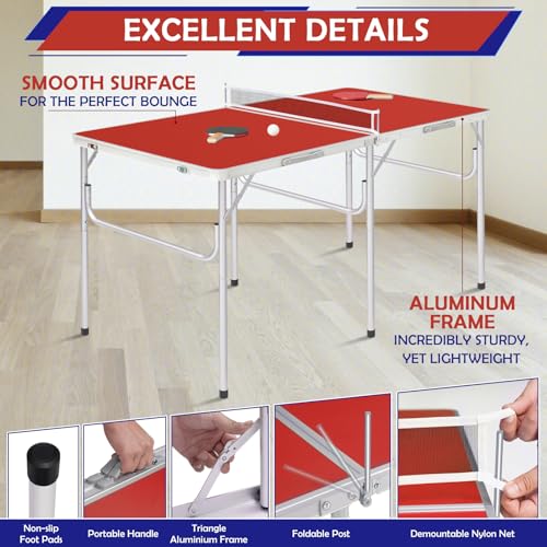 Portable Ping Pong Table, Foldable Indoor Table Tennis Game with 2 Paddles 2 Balls and Net, Quick Assembly Folding Table for Adults and Teens Home Game Room - color: 5ft-red