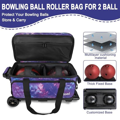 Goloni Double Roller 2 Ball Bowling Bag with Separate Shoe Compartment,2 Ball Bowling Bag with Wheels,Retractable Handle Extends to 40" - color: Purple Camouflage