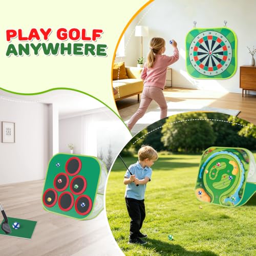 Golf Chipping Game Set Kids Backyard Golf Practice Set w/3-Sided Hitting Mat,20 Balls,6 Discs,Golf Club &4 Ground Stakes&Tees,4 in 1 Indoor Outdoor Family Game Sports Toy, for Boys Girls