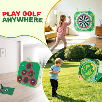 Golf Chipping Game Set Kids Backyard Golf Practice Set w/3-Sided Hitting Mat,20 Balls,6 Discs,Golf Club &4 Ground Stakes&Tees,4 in 1 Indoor Outdoor Family Game Sports Toy, for Boys Girls