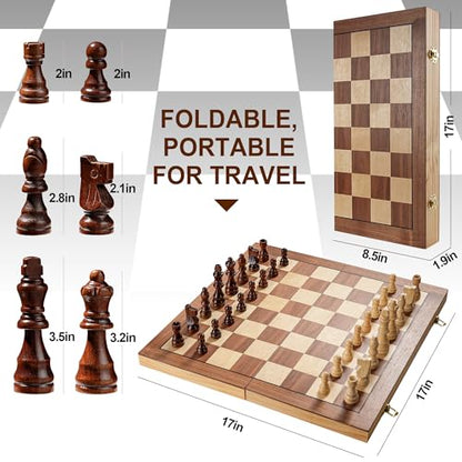 17 Inch Large Chess Set for Adults & Kids, Foldable Wooden Chess Board for Kids, Portable Magnetic Chessboard Game for Adults - size: 17 inches