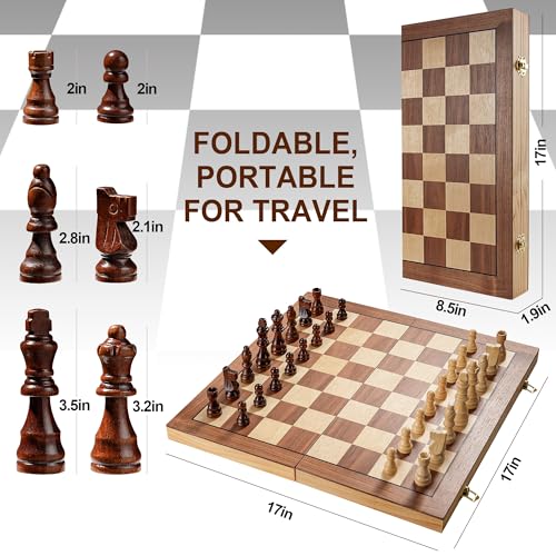 17 Inch Large Chess Set for Adults & Kids, Foldable Wooden Chess Board for Kids, Portable Magnetic Chessboard Game for Adults - size: 17 inches