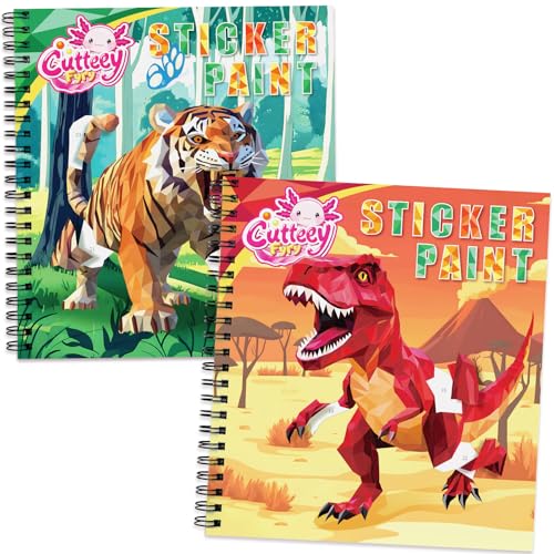 2PCS Paint by Number Sticker Book Travel Activities for Kids Ages 4-10, Road Trip and Airplane Toys for Long Car Rides, Birthday Present, Preschool Classroom Party Gifts - color: Fierce Animals,dinosaurs