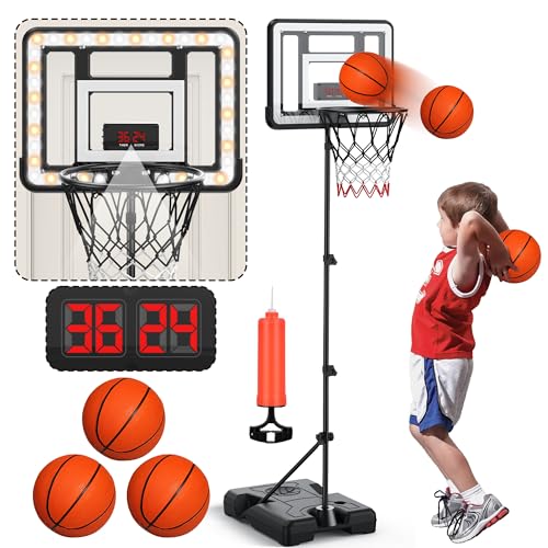 Kids Indoor Basketball Hoop with Scoreboard & Timer,Toddler Adjustable Height Basketball Goal Toy for Outdoor Backyard,Sports Game Play - style: Stand & Door