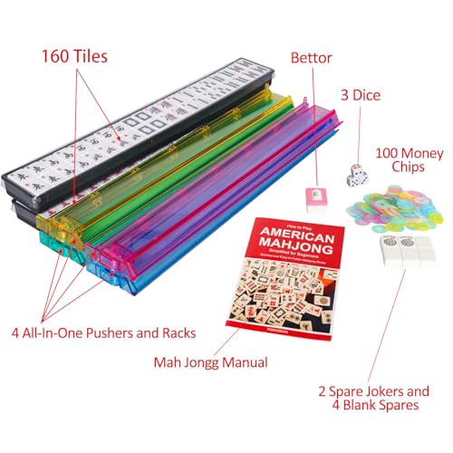 Jongyance American Mahjong Set, Mahjong Game Set, 166 Tiles with Blue and Red Bag, 4 All-in-One Rack/Pushers, MaJongg Set (Mahjong, Majiang, Ma Jong) - color: Red and Blue