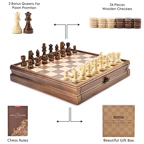 AMEROUS 15" x 15" Wooden Chess & Checkers Set with Built-in Storage Drawers/Weighted Chess Pieces / 2 Bonus Extra Queens / 24 Cherkers Pieces/Classic 2in1 Board Games for Kids, Adults