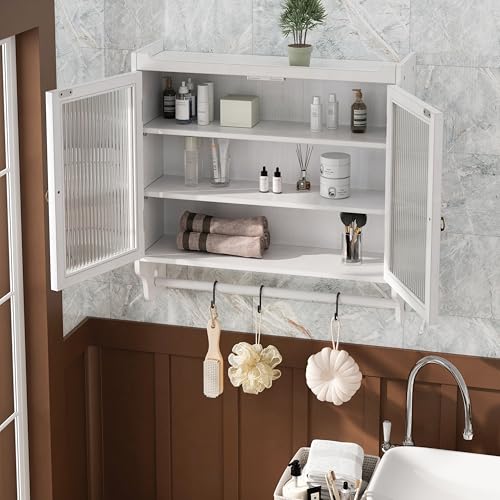 Retro Style Haze Double Glass Door Wood Wall Cabinet with Detachable Shelves for Office, Dining Room,Living Room, Kitchen and Bathroom White Washed - color: White Washed