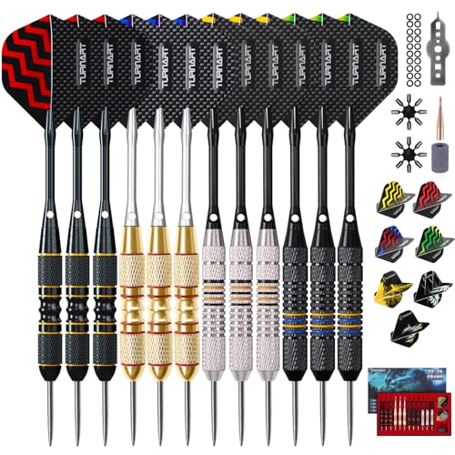 Turnart Darts Metal Tip Set - Steel Tip Darts Darts Set Professional Metal Darts 12 pcs 22/24 Grams Pro Dart Set with Stylish Case Aluminum Shafts Extra 9 Flights - color: Red