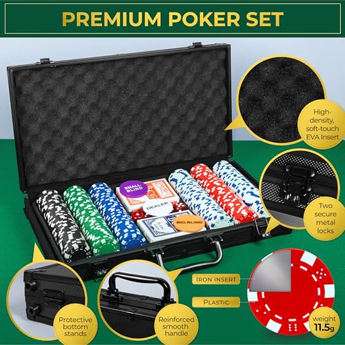Queensell Poker Set with 300 Professional Weight Poker Chips for Texas Holdem – Poker Chip Set with Aluminum Carrying Case, Playing Cards, Dealer Buttons & Dice