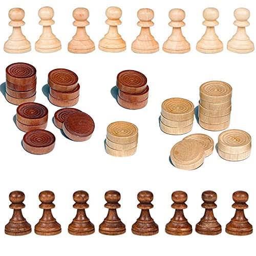 2 in 1 Chess Pieces Wood Chess Pieces + Checker Pieces Without Board (3.5 inches)