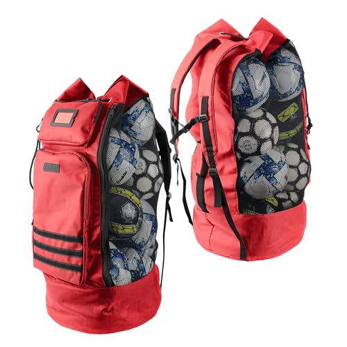 Fitdom Heavy Duty XL Soccer Mesh Equipment Ball Bag w/Adjustable Backpack Shoulder Strap Design for Coach. 2 Different Size Front Pockets for Sporting Accessories. - color: Crimson Red