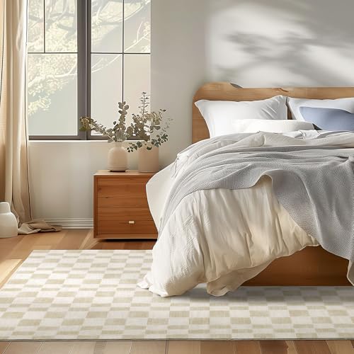EVERGRACE Checkered Plaid Area Rug 5x7, Soft Faux Wool Rugs Washable Anti Slip Rugs Large Rug Carpet for Entryway Bedroom Living Room Hallway Kitchen Dining Room and Laundry Room, Beige - color: Beige, size: 5' x 7' (Rectangular)
