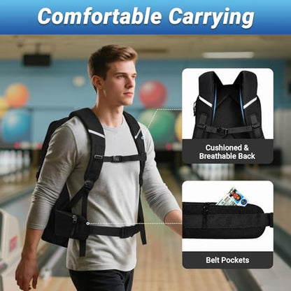 Bosynoy Bowling Ball Bag, Bowling Backpack for Single Ball with Shoe Compartment, Bowling Bag Totes Fits Shoes Up to US Mens Size 16 with Padded Holder, Black