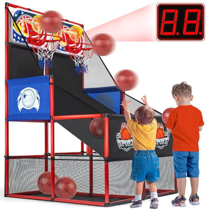 2 in 1 Dual Basketball Arcade Game Indoor/Outdoor With LED Scoring and Sound, Sport Play Toy Includes 6 Balls & Instruction & Pump For Teen Kids Toddler Birthday Christmas Carnival Backyard Party Gift