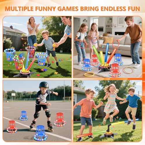 TERRAMUS 3 in 1 Bean Bag Ring Toss Game for Kids, Rechargeable Musical Jumping Games w/LED Light & Remote, Electric Spinning Base, Sandbags, Rings, Carnival Indoor Outdoor Sport Toy for 3+ Boys Girls