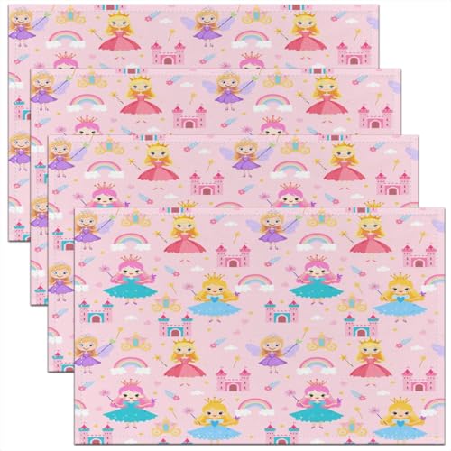 Erosebridal Cartoon Placemats 12X18 Inch Set of 4,Romantic Fantasy Wand Castle Place Mats,Rainbow Clouds Flower Floral Love Heart Waterproof Placemats - color: Pink White Teal Blue