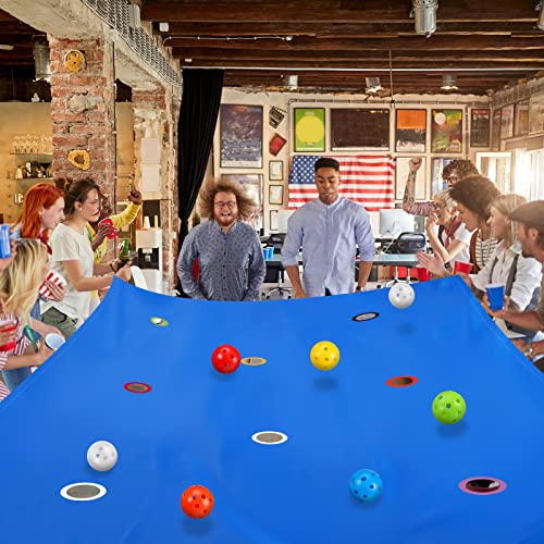 Tradder 2 Set Hole Tarp Team Building 85 x 57 Inches Fun Team Building for Work with 16 Pcs Ball for Teamwork Group Activities(Blue)