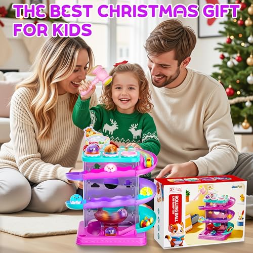 2-in-1 Light-Up Ball Drop & Car Ramp Track Toy with Hammer for Toddlers | Hammer, Launch, Roll and Race with a 2-in-1 Track Toy Made for Hands-On Fun - color: Pink + Purple + Cyan + Peach