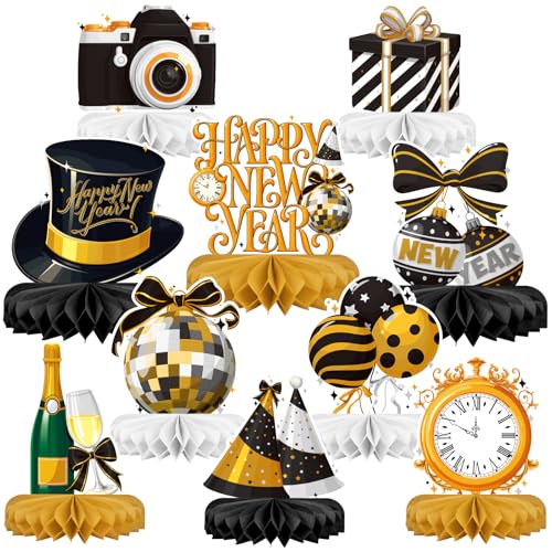 Happy New Year Party Decorations Bundle - Includes New Years Eve Honeycomb Centerpieces ，New Year Table Toppers, for Classroom Decor, New Year & Birthday Party Supplies - style: New Year