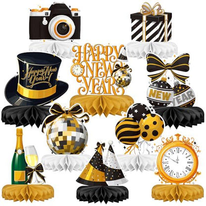 Happy New Year Party Decorations Bundle - Includes New Years Eve Honeycomb Centerpieces ，New Year Table Toppers, for Classroom Decor, New Year & Birthday Party Supplies - style: New Year