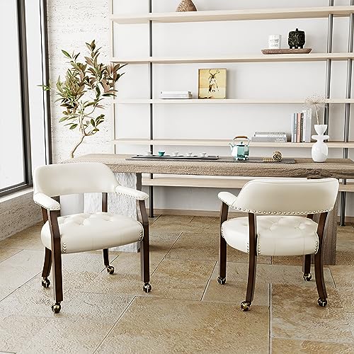 Set of 4 Dining Chair with Casters, Accent Captains Leather Chairs with Wheels & Arms,Wheeled Roller Wood Chairs for Kitchen & Game Poker Table,Espresso&Ivory 318WT(NO Table!) - color: Espresso&ivory