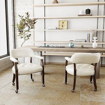 Set of 4 Dining Chair with Casters, Accent Captains Leather Chairs with Wheels & Arms,Wheeled Roller Wood Chairs for Kitchen & Game Poker Table,Espresso&Ivory 318WT(NO Table!) - color: Espresso&ivory