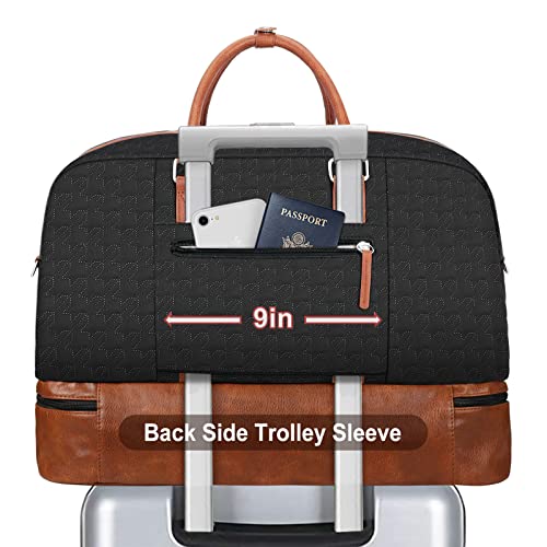 Weekender Bag for Women, Large Overnight Bag Canvas Travel Duffel Bag Carry On Tote with Shoe Compartment 21" 3Pcs Set - color: A12-brown+black