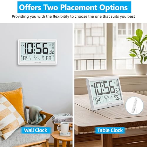 Atomic Clock Wall with Indoor/Outdoor Temp & 10.5" Large LCD Display, White | Battery Operated Digital Wall Clock, 330ft Range Desk Table Clock with Alarm, DST, Calendar for Living Room Bedroom Office - color: White