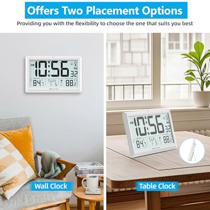 Atomic Clock Wall with Indoor/Outdoor Temp & 10.5" Large LCD Display, White | Battery Operated Digital Wall Clock, 330ft Range Desk Table Clock with Alarm, DST, Calendar for Living Room Bedroom Office - color: White