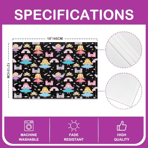 Erosebridal Set of 4 Cartoon Placemats 12X18 Inch,Fantasy Romantic Princess Style Fairy Wand Castle Waterproof Placemats for Girls Children Kids,Rainbow Clouds Floral Flower Love Heart Place Mats - color: Black Pink Yellow Teal