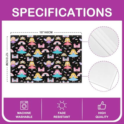 Erosebridal Set of 4 Cartoon Placemats 12X18 Inch,Fantasy Romantic Princess Style Fairy Wand Castle Waterproof Placemats for Girls Children Kids,Rainbow Clouds Floral Flower Love Heart Place Mats - color: Black Pink Yellow Teal