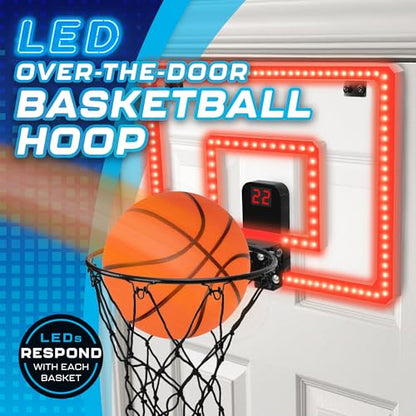Over-The-Door LED Basketball Hoop with Electronic Scoring & Sound, Light-Up Backboard, Indoor Mini Sports Game, Includes Countdown Timer, Mute Mode, Metal Rim, Easy Setup