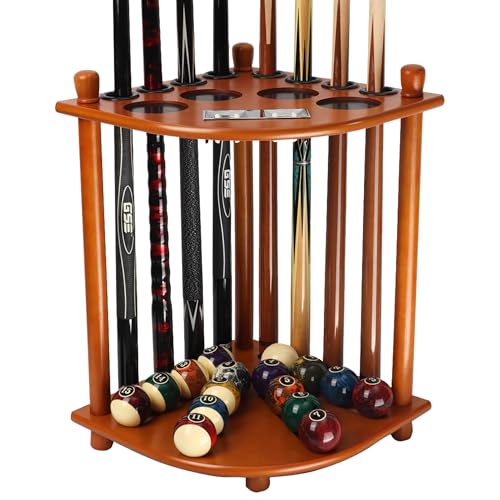 GSE Games & Sports Expert Corner-Style Floor Stand Billiard Pool Cue Racks with Score Counters, Holds Pool Cue Sticks, Balls Set, Ball Racks - color: Oak, style: 8 Cue, Corner Rack