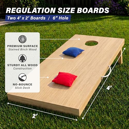 GoSports 4 x 2 ft Classic Wooden Cornhole Board Set - Portable Bean Bag Toss Game for Adults & Family - Includes Set of 8 Bean Bags with Tote Bag