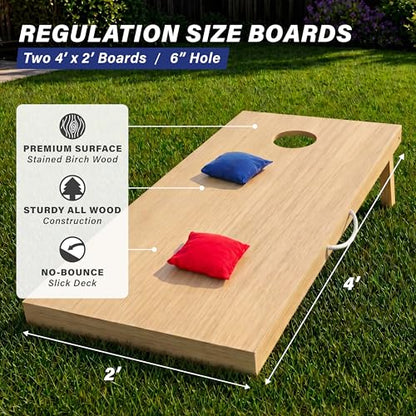 GoSports 4 x 2 ft Classic Wooden Cornhole Board Set - Portable Bean Bag Toss Game for Adults & Family - Includes Set of 8 Bean Bags with Tote Bag