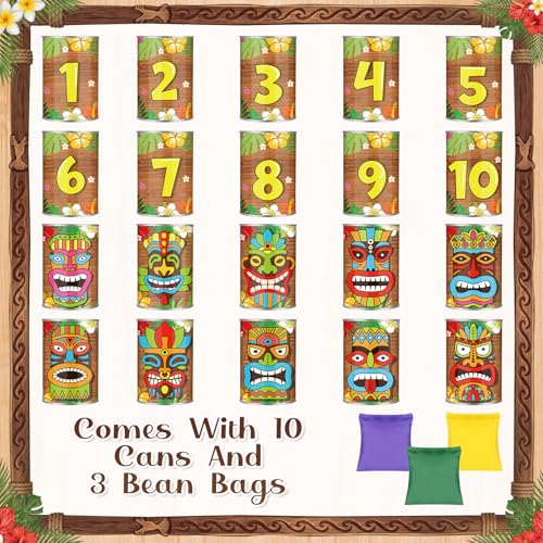 13 Pcs Luau Party Games Luau Tiki Can Toss Game Bean Bag Toss Include 10 Tin Can and 3 Bean Bag for Kids Summer Tiki Family Tropical Hawaii Aloha Indoors Outdoors Activities Party Supplies - style: Tiki Style