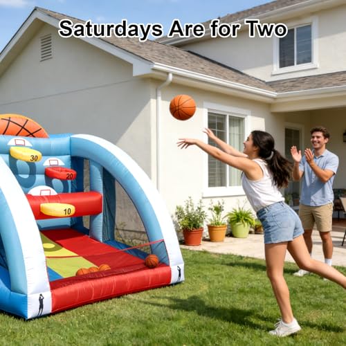 10FT Inflatable Basketball Hoop Game for Kids & Adults - 10x10x10 FT Heavy Duty Oxford Carnival Blow Up Party Zone with 5 Hoops, 4 Balls, Easy Setup Outdoor Backyard Lawn Sports Toy