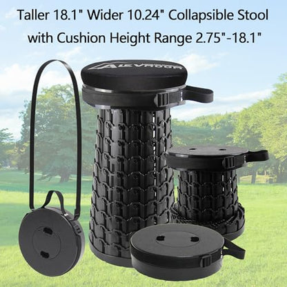 ALEVMOOM Telescoping Stool with Thick Cushion, H18.1“ D10.24” Collapsible Retractable More Sturdy Capacity 600Ib, Portable Camping Adjustable Folding Stool for Garden Fishing Hiking Mountain BBQ - color: Black