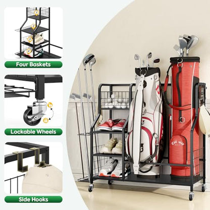 Golf Storage Organizer for Garage, Golf Bag Storage Rack with Lockable Wheels, Heavy Duty Golf Club Organizer with 3-Tier Shelves & Removable Hooks for Golf Accessories, Golf Bag Stand Holder, Black
