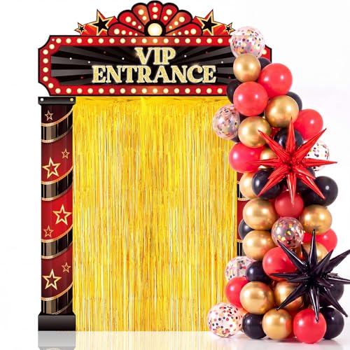 Peryiter 122 Pcs Movie Night Party Decorations VIP Entrance Backdrop Banner Set Red & Black Foil Fringe Curtain Balloon Arch Kit Movie Themed Supplies for Birthday Film Premiere - style: Movie Night