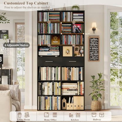 HOSTACK 73" Tall Bookshelf with Drawers, 7-Tier Black Bookshelf with Storage, Double Wide Bookcase with 14 Open Book Shelves, Wood Book Case with Adjustable Shelves for Media CD DVD Storage, Black