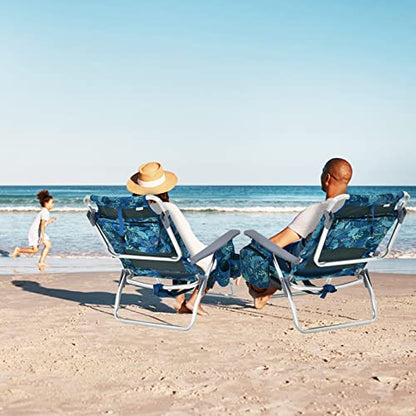 Tangkula Set of 2 Backpack Beach Chair, 5-Position Lay Flat Beach Chairs with Cooler Bag, 2 Cup Holders, Towel Bar, Lightweight Folding Beach Chair with Backpack Straps - color: Navy, style: 2 Pack