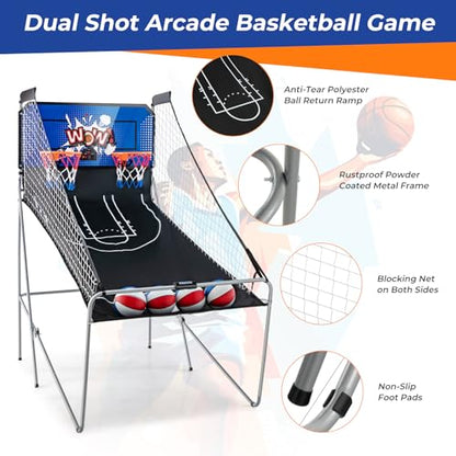 GYMAX Arcade Basketball Game Indoor Foldable with 8 Game Modes, Arcade Sound, 4 Balls and Inflation Pump, Electronic Basketball Games for Home - color: Blue