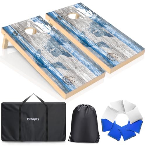 Cornhole Board Set, Regulation Size 4 x 2FT/3 x 2FT Solid Wood Corn Hole Game Set with 8 Bean Bags,2 Cornhole Boards and 1 Carry Bag for Outdoor Beach Toss Games Competitions - color: 4'x2' White+Blue