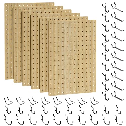 VOIMO Bamboo Pegboard Organizer Set, 6 Panels (16"x12") with 48 Hooks – Eco-Friendly Wall Mounted Storage Rack for Tools, Crafts & Office – Natural Bamboo Pegboard System with Accessories - size: 16'' X 12'' (6 Panels)
