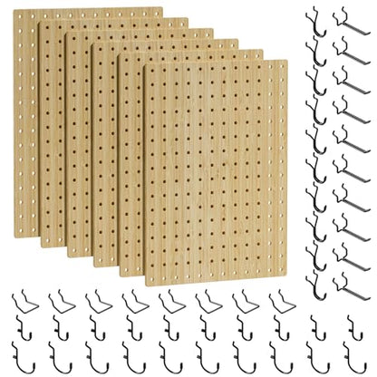 VOIMO Bamboo Pegboard Organizer Set, 6 Panels (16"x12") with 48 Hooks – Eco-Friendly Wall Mounted Storage Rack for Tools, Crafts & Office – Natural Bamboo Pegboard System with Accessories - size: 16'' X 12'' (6 Panels)